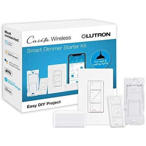 Lutron Caseta Smart Start Kit, Dimmer Switch with Smart Bridge and Wall Mount Pico Adapter, Works with Alexa, Apple HomeKit, and the Google Assistant | P-BDG-PKG1W-A | White