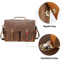 Polare 17'' Mens Full Grain Leather Laptop Briefcase Business Messenger Bag Satchel With YKK Metal Zippers