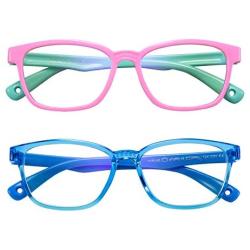 AHXLL Kids Blue Light Blocking Glasses 2 Pack, Anti Eyestrain & UV Protection, Computer Gaming TV Phone Glasses for Boys Girls Age 3-9 (Pink Green+ Transparent Blue)
