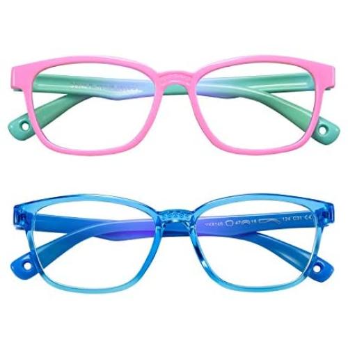 AHXLL Kids Blue Light Blocking Glasses 2 Pack, Anti Eyestrain & UV Protection, Computer Gaming TV Phone Glasses for Boys Girls Age 3-9 (Pink Green+ Transparent Blue)