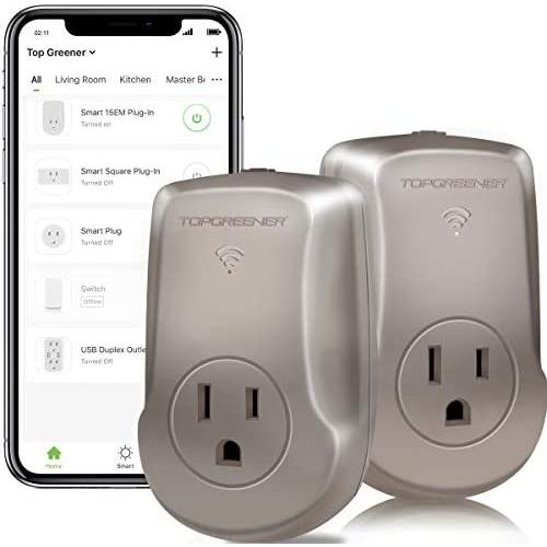 TOPGREENER Smart Wi-Fi Powerful Plug with Energy Monitoring, Smart Outlet, 15A, 1800W, No Hub Required, Compatible with Alexa and Google Assistant, Nickel, 2-Pack