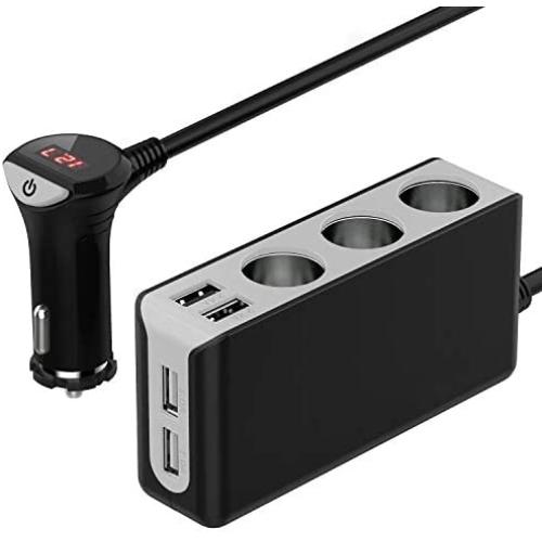 [Updated Version] 3-Socket Cigarette Lighter Splitter, 120W 12V/24V 6.8A 4 USB Ports Multi-Function Car Charger Power Adapter DC Outlet with LED Voltmeter, On Off Switch