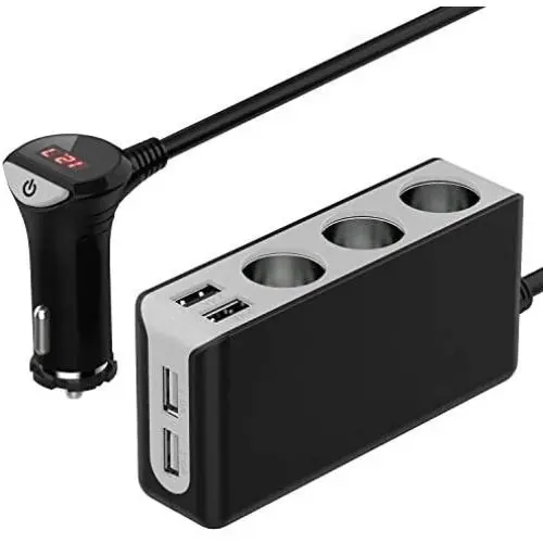 [Updated Version] 3-Socket Cigarette Lighter Splitter, 120W 12V/24V 6.8A 4 USB Ports Multi-Function Car Charger Power Adapter DC Outlet with LED Voltmeter, On Off Switch