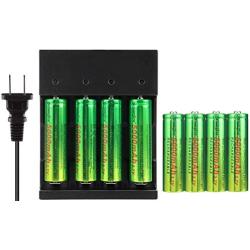 Skywolfeye 8 Pack 3.7v 5000mAh Rechargeable Battery Li-ion Button Top Battery and 4 Slot Battery Charger with 1Pcs 4000 Lumen 18650 Flashlight Zoomable, 5 Light Modes Waterproof for Camping Hiking