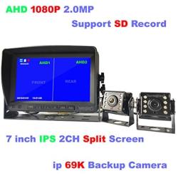 Car Backup Cameras System Build-in DVR,2 x HD 1080P 4Pin Front Rear View Camera ip69 IR Night Vision + 7'' IPS HD Split Monitor with SD Record 12V~24V for RV Truck Bus Camper Vehicle