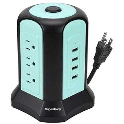 9.8ft Power Strip Tower USB Surge Protector Extension Cord Desktop Charging Station 9 Outlet 4 USB 1080J Adjustable Voltage 110-240V Fire Proof Multiple Plug for PC Tablet Computer Office SUPERDANNY