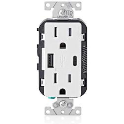 Leviton T5633-W 15-Amp Type-C USB Charger/Tamper Resistant Receptacle, 1-Pack, White