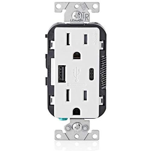 Leviton T5633-W 15-Amp Type-C USB Charger/Tamper Resistant Receptacle, 1-Pack, White