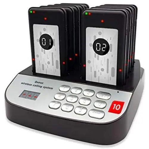 NOLAS Corum 10 Units Restaurant Calling Pager/Guest Waiting Pagers/Wireless Paging System with Charging Dock and Transmitter Coaster for Restaurant and Church Nursery (10)