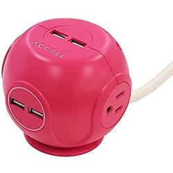 Accell Power Cutie - Compact Surge Protector with 3 Tamper Resistant 540J Surge Protected AC outlets and 4 USB-A Charging Ports, 6ft Cord, Pink (D080B-049P)