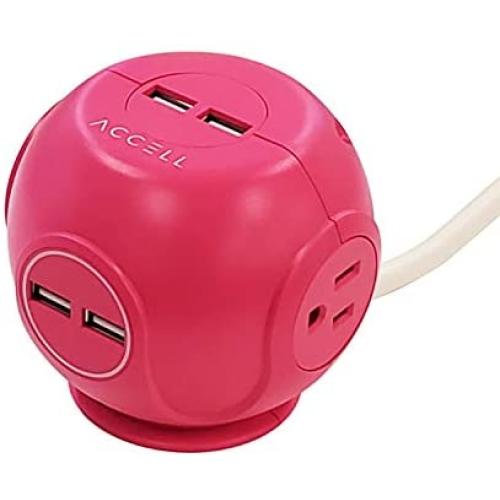 Accell Power Cutie - Compact Surge Protector with 3 Tamper Resistant 540J Surge Protected AC outlets and 4 USB-A Charging Ports, 6ft Cord, Pink (D080B-049P)