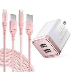 iPhone Charger Set, 2-Pack Overtime Apple MFi Certified Lightning Cables with 1 Dual USB Wall Adapter - 2.4 AMP Compatible w/iPhone 11 Pro Max XS XR X 8 7 6S 6 Plus SE iPad (Rose Gold/Rose Gold, 6ft)