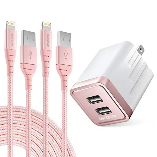 iPhone Charger Set, 2-Pack Overtime Apple MFi Certified Lightning Cables with 1 Dual USB Wall Adapter - 2.4 AMP Compatible w/iPhone 11 Pro Max XS XR X 8 7 6S 6 Plus SE iPad (Rose Gold/Rose Gold, 6ft)