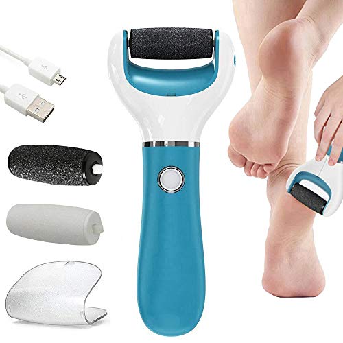 BOMPOW Foot Scrubber Electric Callus Remover Rechargeable Foot File Hard Skin Remover Pedicure Tools Electronic Callus kit for Cracked Heels and Dead Skin with 2 Roller Heads, Blue