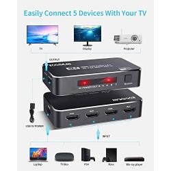 4K HDR HDMI Switch, Koopman 5 Ports 4K 60Hz HDMI 2.0 Switcher Selector with IR Remote, Supports Ultra HD Dolby Vision, High Speed (Max to 18.5Gbps), HDR10, HDCP 2.2 & 3D