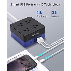 USB Power Strip Surge Protector - SUPERDANNY Mountable Charging Station with 4 Widely Spaced AC Outlets & 4 Smart USB Ports, 5ft Desktop Extension Cord for Home, Office, Hotel, Dorm Room, RV, Blue