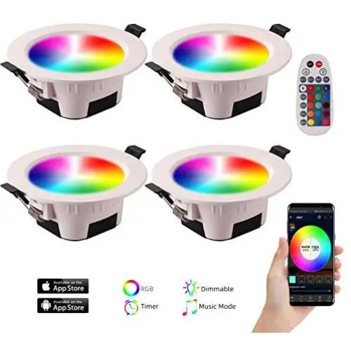 Smart LED Recessed Lighting, YISUN 9W Ceiling Lights Dimmable (RGB + Warm White + Cool White) APP & Remote Control, Wireless Recessed Spotlights 2700K-6500K for Room, Kitchen, KTV, Bars (4 Pack)