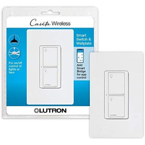 Lutron Caseta Smart Home Switch with Wallplate, Works with Alexa, Apple HomeKit, and Google Assistant | 5-Amp, for Ceiling and Exhaust Fans, LED Bulbs, Incandescent and Halogen | PDW-5ANS-WH-A | White