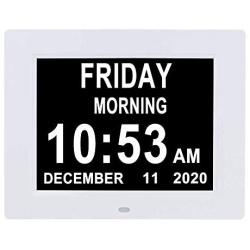 [2020 Newest] Digital Day Calendar Clocks 3 Medicine Reminders Extra Large 8 Inch Non-Abbreviated Day Date Month Senior Clock for Demenia Eldarly Memory Loss Vision Impaired Clock