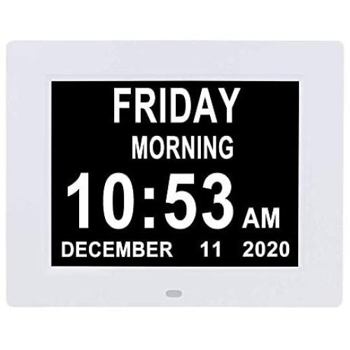[2020 Newest] Digital Day Calendar Clocks 3 Medicine Reminders Extra Large 8 Inch Non-Abbreviated Day Date Month Senior Clock for Demenia Eldarly Memory Loss Vision Impaired Clock