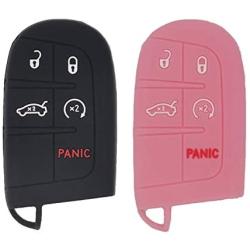 LemSa 2Pcs Keyless Entry Remote Car Smart Key Fob Outer Shell Cover Soft Rubber Protective Case for Jeep Grand Cherokee Dodge Challenger Charger Dart Durango Journey Chrysler 300, Black Pink