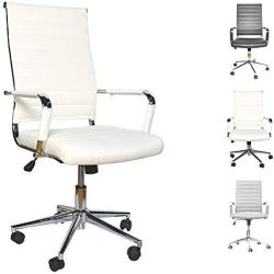 LUCKWIND Ergonomic Office Chair Ribbed Leather Swivel - Adjustable Height Tilt Arm Sleeves Lumbar Support High Back Upholstery Executive Modern Conference Computer Chrome Wheel Caster 350lb (White)