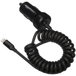 AmazonBasics Coiled Cable Lightning Car Charger, 1.5 Foot, Black Bundle with AmazonBasics One-Port USB Wall Charger for Phone, iPad, and Tablet, 2.4 Amp, White