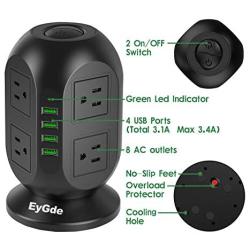 EyGde Power Strip Tower Surge Protector, Multi Plug Outlet with 10Ft Long Extension Cord, 8 AC Outlets 3.1A 4 USB Ports Charging Station for Home Office Dorm Room