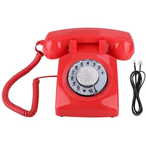 Corded Telephone Retro Rotary Dial Wired Telephone Vintage Desktop Landline Telephone(Red)