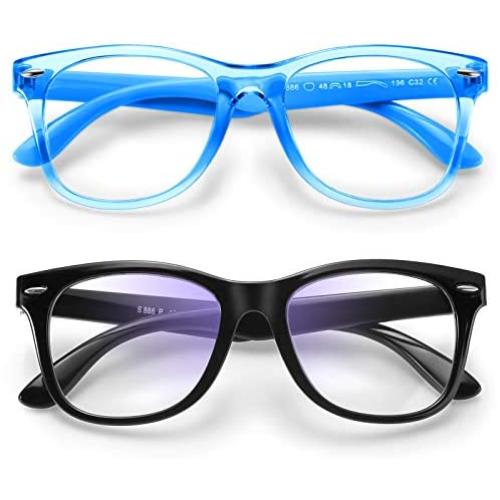 Zasun Kids Blue Light Blocking Glasses 2 Pack, UV Protection & Anti Eyestrain Computer Video Gaming Glasses for Kids Boys Girls Age 3-12 (Black +Transparent Blue)