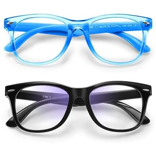 Zasun Kids Blue Light Blocking Glasses 2 Pack, UV Protection & Anti Eyestrain Computer Video Gaming Glasses for Kids Boys Girls Age 3-12 (Black +Transparent Blue)