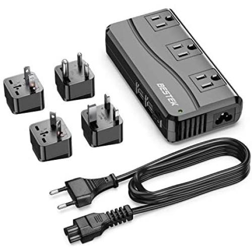 BESTEK Universal Travel Adapter 100-220V to 110V Voltage Converter 250W with 6A 4-Port USB Charging 3 AC Sockets and EU/UK/AU/US/India Worldwide Plug Adapter (Black)