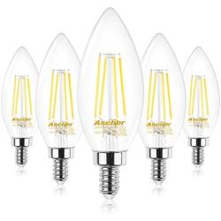 Ascher E12 Candelabra LED Light Bulbs 60 Watt Equivalent, 550 Lumens, Daylight White 5000K, Decorative Candle Base, Filament Clear Glass, Non-Dimmable, Pack of 5