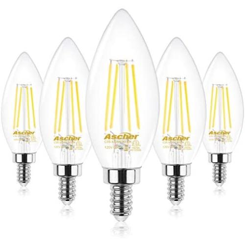 Ascher E12 Candelabra LED Light Bulbs 60 Watt Equivalent, 550 Lumens, Daylight White 5000K, Decorative Candle Base, Filament Clear Glass, Non-Dimmable, Pack of 5