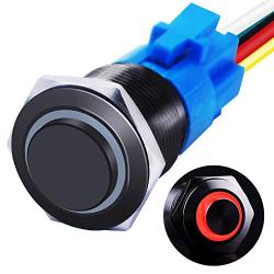 mxuteuk 16mm High Round Cap Latching Push Button Switch 1 NO 1 NC SPDT ON/Off Black Metal Shell with 12v Red LED Ring with Wire Socket Plug Suitable for 5/8'' Mounting Hole GL-16-O-B-R