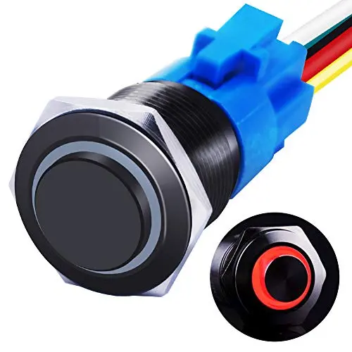 mxuteuk 16mm High Round Cap Latching Push Button Switch 1 NO 1 NC SPDT ON/Off Black Metal Shell with 12v Red LED Ring with Wire Socket Plug Suitable for 5/8'' Mounting Hole GL-16-O-B-R