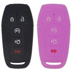 LemSa 2Pcs 5 Buttons Soft Silicone Key Fob Cover Case Remote Keyless Protector Bag Holder Compatible with Ford F-150 F-450 Fusion Explorer Lincoln Fusion MKZ Mustang MKC, Black/Purple