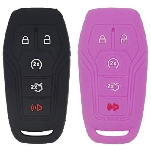 LemSa 2Pcs 5 Buttons Soft Silicone Key Fob Cover Case Remote Keyless Protector Bag Holder Compatible with Ford F-150 F-450 Fusion Explorer Lincoln Fusion MKZ Mustang MKC, Black/Purple