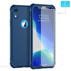 ORETECH Designed for iPhone XR Case, with[2 x Tempered Glass Screen Protector] 360 Full Body Shockproof Anti Scratch Protection Cover Hard PC Soft Rubber Silicone Case for iPhone XR 6.1 2018 Blue