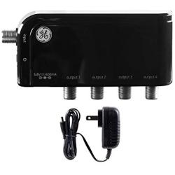 GE 4-Way TV Antenna Amplifier Splitter Clears Up Pixelated Low-Strength Channels Distributes Signal to Multiple TVs 50-1006MHz Low Noise Antenna Signal Booster HD Digital VHF UHF Indoor 34479