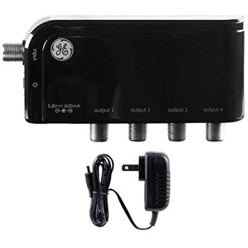 GE 4-Way TV Antenna Amplifier Splitter Clears Up Pixelated Low-Strength Channels Distributes Signal to Multiple TVs 50-1006MHz Low Noise Antenna Signal Booster HD Digital VHF UHF Indoor 34479