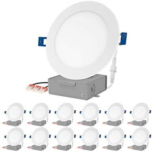 JULLISON LED 12 Packs 6 Inch Recessed Low Profile Slim Panel Light with Junction Box, IC Rated Air Tight, 120VAC, 12W, 800 Lumens, 3000K Warm White, CRI80+, Dimmable, Damp, ETL + Energy Star