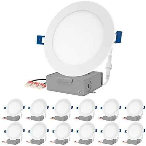 JULLISON LED 12 Packs 6 Inch Recessed Low Profile Slim Panel Light with Junction Box, IC Rated Air Tight, 120VAC, 12W, 800 Lumens, 3000K Warm White, CRI80+, Dimmable, Damp, ETL + Energy Star