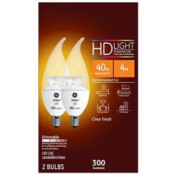 GE Lighting 92303 LED Relax HD 4-watt (40-watt Replacement), 300-Lumen Candle Light Bulb with Candelabra Base, Clear Soft White, 2-Pack