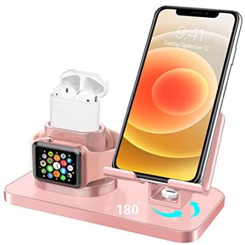 BENTOBEN 3 in 1 Charging Stand for Apple Watch Series 5/4/3/2, Airpods 2/1, Compatible with iPhone 12 Pro 2020 11 SE XS MAX XR XS 8 7 6 6 Plus 5s, iPad Tablet Stand (Original Cable Required),Rose Gold