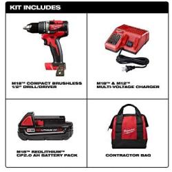 Milwaukee 2801-21P M18 18-Volt Lithium-Ion Compact Brushless Cordless 1/2 in. Drill/Driver Kit