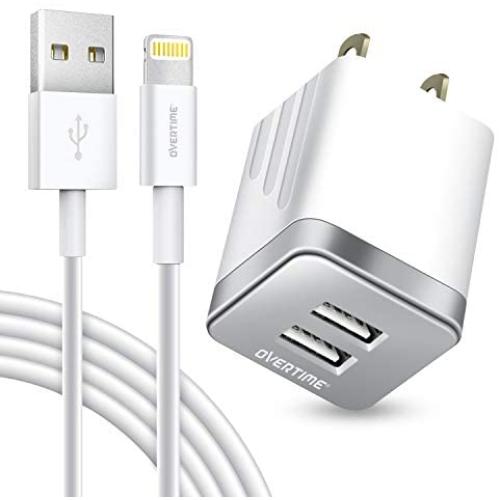 iPhone Charger and 6ft Cable, Overtime Apple MFi Certified Lightning Cable with Dual USB Wall Charger 2.4Amp Adapter for iPhone 11 Pro Max XS XR X 8 7 6S 6 Plus SE 5S 5C 5 AirPods iPad - Silver