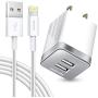iPhone Charger and 6ft Cable, Overtime Apple MFi Certified Lightning Cable with Dual USB Wall Charger 2.4Amp Adapter for iPhone 11 Pro Max XS XR X 8 7 6S 6 Plus SE 5S 5C 5 AirPods iPad - Silver