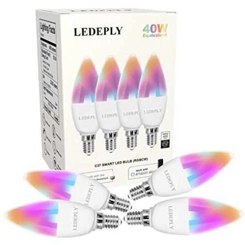E12 Candelabra LED Smart Bulb, Dimmable WiFi Light Bulbs 5W(40W Equivalent), RGB Color Changing, Tunable White 2700K-6500K, Compatible with Alexa, Google Assistant, Chandelier Ceiling Fan Bulbs 4 Pack