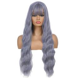Suri Hair Womens Blue Wig Long Fluffy Wave Curly Hair Wigs With Bangs Silky Synthetic Curly Heat Resistant Wigs For Halloween Daily Natural Looking Womens Costume Wig(30 inches)